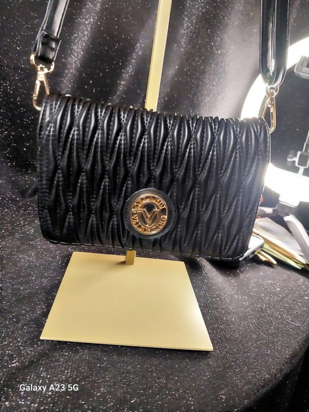 Black Ruched Vegan Leather Crossbody/Clutch Bag Made By Valentino Orlandi NEW
